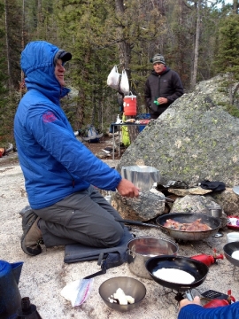 Erik Leidecker whips up guide fuel: bacon and pancakes, in that order